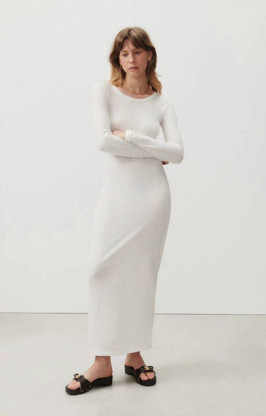 NEW AMERICAN VINTAGE gamipy long sleeve round neck fitted dress in blanc